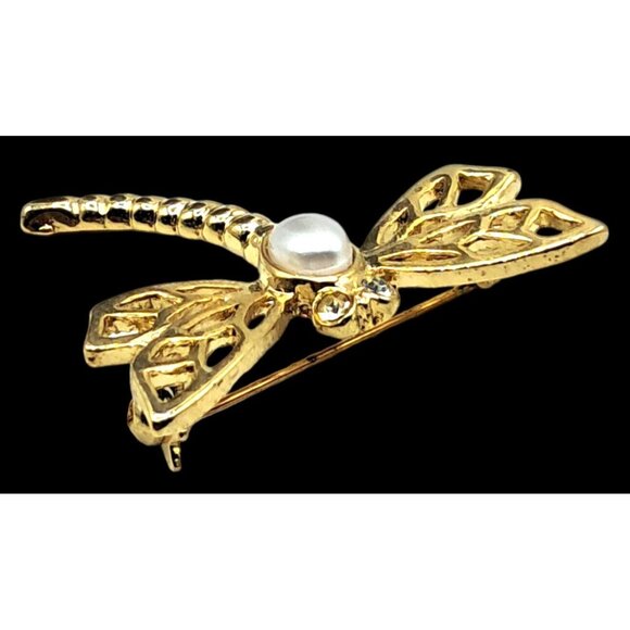 Vintage Dragonfly Brooch With Faux Pearl Clear Rhinestones Crystals Figural Pin - Picture 3 of 8
